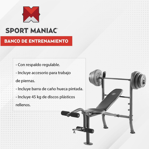Imagen 2 de 7 de Banco Gold's Gym + Accesorios + Barra + 45 Kg Discos Pesas