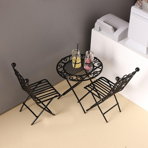 Mesa De Café 1/12, 3 Piezas, Silla Dorada Para Micropaisaje