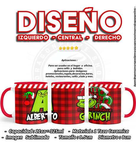 Taza Personalizada Grinch Letra Navidad 11oz Asa Color 1pz