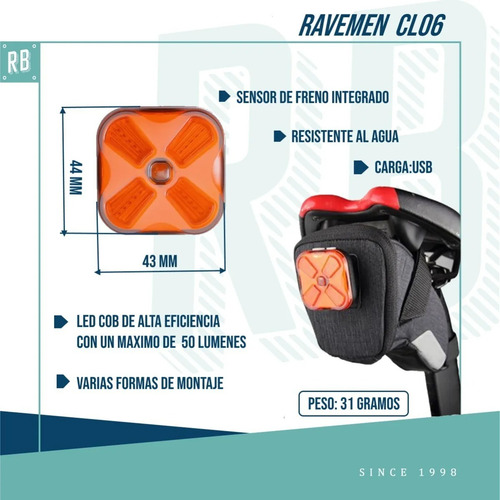 Imagen 2 de 10 de Luz Trasera Bicicleta Ravemen Cl-06 50 Lm Usb Led Sensor Fno