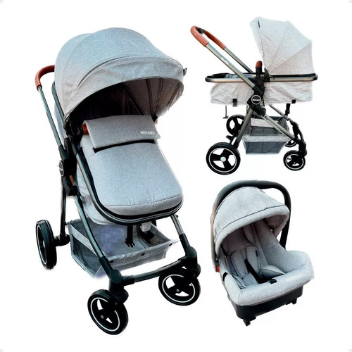 Cochecito 3 En 1 Bebe Huevito Base Auto Isofix Moises Elite Color Gris Claro Chasis Negro