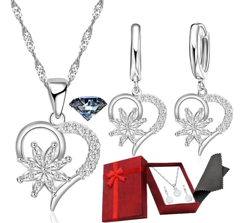 Set Plata 925 Corazon Sol Collar Pendientes Aros Dama Joyas