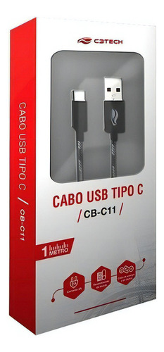 Cabo Usb X Usb-c 1m 2a Cb-c11gbk Preto E Cinza C3 Tech