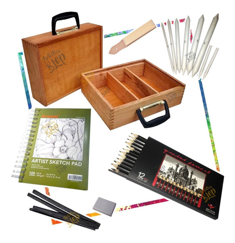 Imagen 1 de 7 de Set Dibujo Completo Valija Lapices Cuaderno Carbonillas Goma