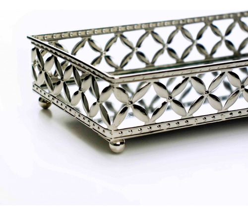 Bandeja Decorativa Retangular Metal Prata Com Espelho 5x24cm