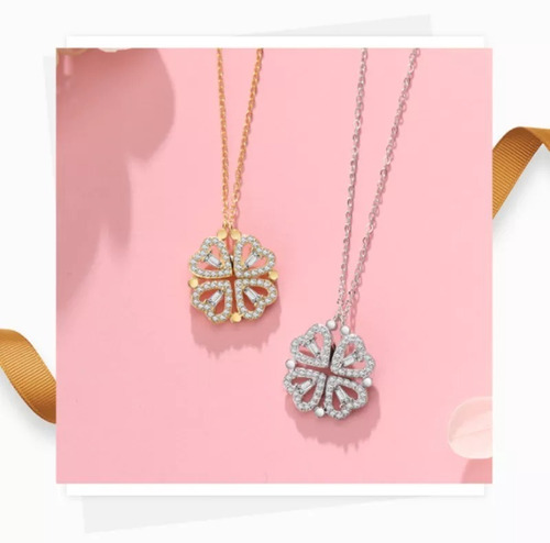 Imagen 9 de 9 de Collar Doble Vista Dorado Dije Corazones Amor Trébol Mujer