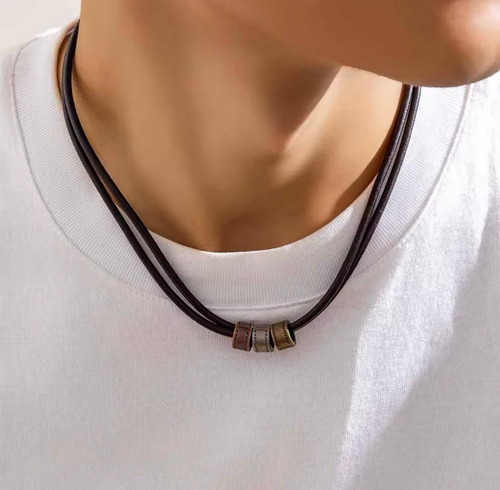 Collar De Cuero Genuino Con Cuentas Metálicas Vintage Café
