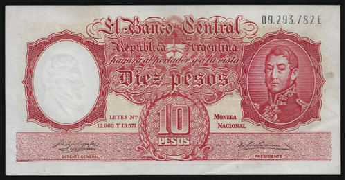 Argentina, 10 Pesos, 1958. B#1959. Casi Sin Circular