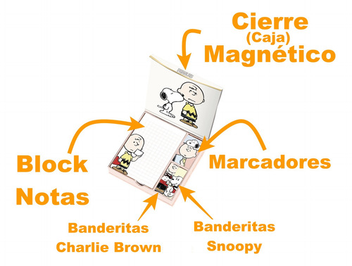Caja Magnetica Lujo Notas Y Block Snoopy Pastel + Lapiz Gel