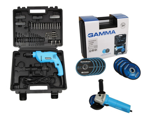 Taladro Percutor Gamma 650w + Amoladora 750w Kit 10 Discos