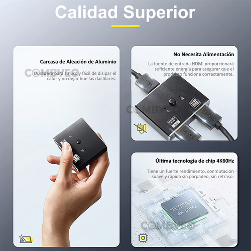 Combyeo Switch Hdmi Splitter Hdmi Switch Splitter Hdmi 4k 3d 2 En 1 Bidireccional Calidad De Imagen 4k 60hz Conmutador Negro
