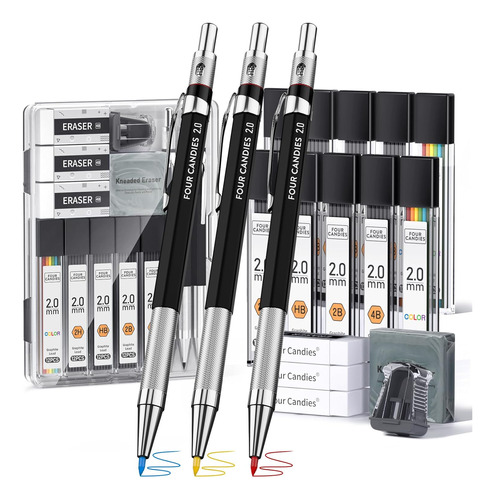 3pcs 2mm Mechanical Pencils With Case, Artist Lead Penc...