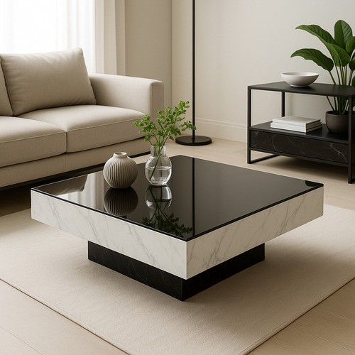 Mesa De Centro Sala Vidrio Negro Templado Lujo 90x60 Marmol Negro/marmol Blanco