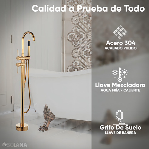 Solana Kit Bañera Estilo Vintage 150x75x75 Cm De Acrilico Solido Blanco Con Grifo Independiente Cuello Cisne Color Dorado / Bañera Ovalada Slim Blanca Con Patas De Acero