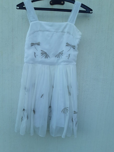 Vestido Niña Fiesta Blanco Con Plateado S/manga Bordado