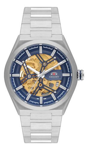 Relógio Orient Automático Skeleton Nh7ss006 D1sx Correia Prateado Bisel Prateado Fundo Azul/dourado