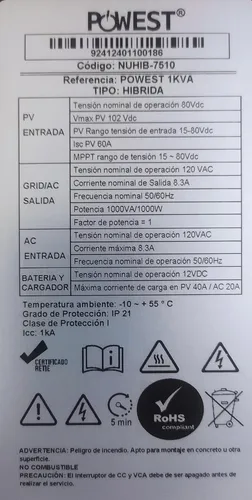 Inversor Hibrido Powest 1 Kva