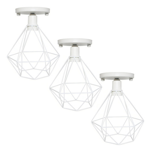 3 Lustres Teto Plafon Industrial Aramado Diamante Retrô Luminária Sobrepor Vintage Agp Ilumini Cor Branco