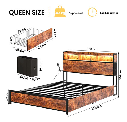 Base Cama Queen Size Con Cajones Y Luces Led Marrón Rústico