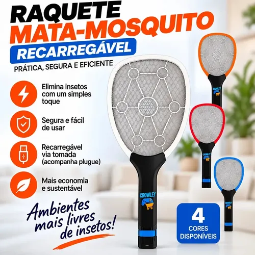 Raquete Elétrica Mata Mosquito Mosca Pernilongo Dengue Insetos Bateria Recarregavel Bivolt - Crowley