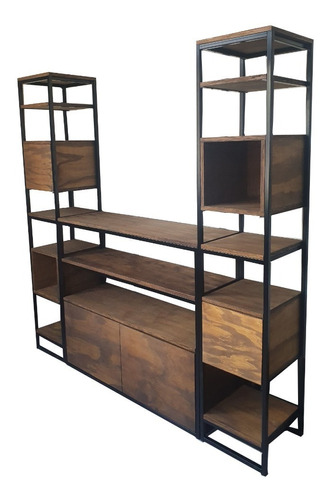 Mueble Rack Tv Industrial Hierro Madera 200x35 Con Puertas