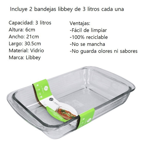 2 Refractario Bandeja Para Hornear De Vidrio 3 Litros Libbey