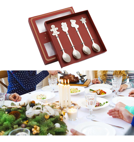 Juego De 4 Cucharas Navideñas, Cuchara De Postre, Plata