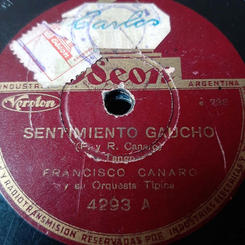 Pasta Francisco Canaro Su Orquesta Tipica Odeon C186