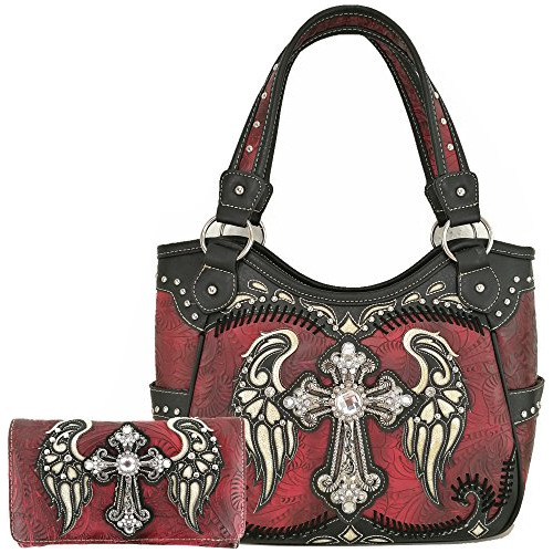 Western Rhinestone Cross Laser Cut Wings Tote P5lda