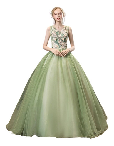 Vestido De Quinceañera Bonito Color Verde Con Flores Bb