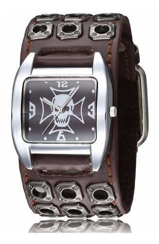 Relógio Masculino Bracelete Punk Caveira Pulseira Em Couro