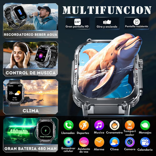 Reloj Inteligente Hombre Sumergible Cuadrado Linterna 3 Atm Negro Mesh S320b Negro Film Negro