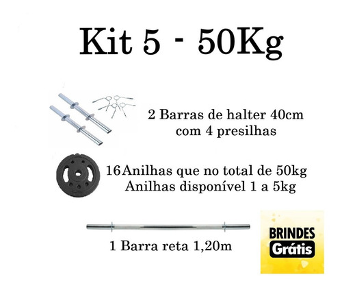 Kit Musculação 2 Barra Halter 40cm + 50kg Anilhas