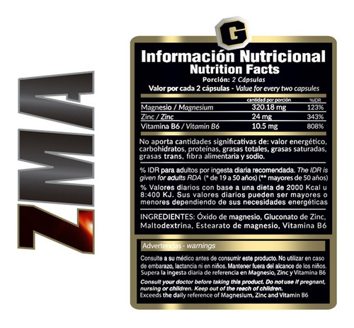 Imagen 7 de 9 de Zma Gold Nutrition Zinc Magnesio Precursor De Testosterona Sabor Na