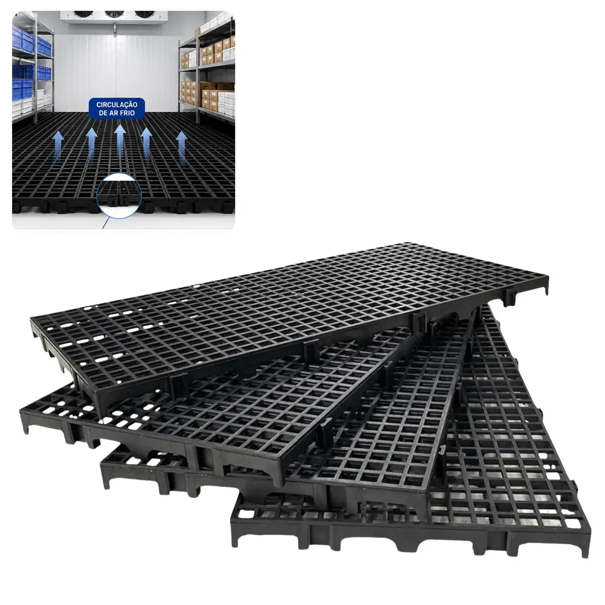 Kit 10 Pallet Estrados Plásticos 25x50x2,5 cm Piso Palete Modular Preto 1,25 m² Câmara Fria Área Molhada Estoque Lavanderia Açougue Cozinha Industrial Supermercado Canil Pet Shop M