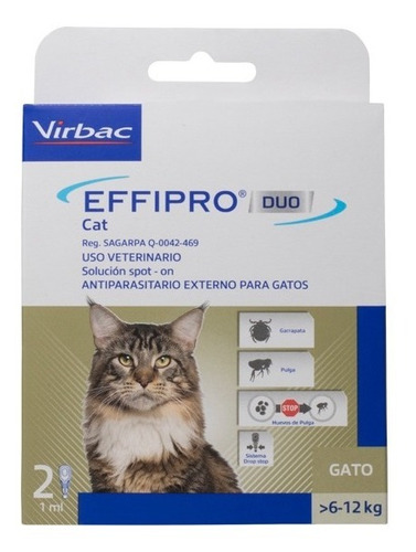 Pipeta Antipulgas X 2 Unds Gato Effipro Duo Virbac 6 A 12kg 