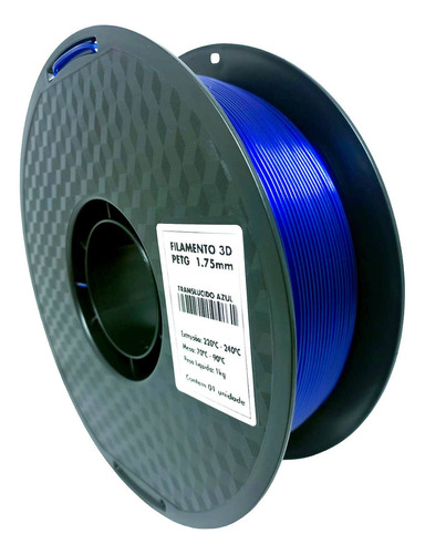 Filamento 3d Petg Translúcido 1.75mm 1kg Para Impressora 3d Cor Azul Translúcido