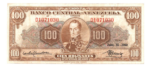 Billete De 100 Bs 31 Julio 1952 D7