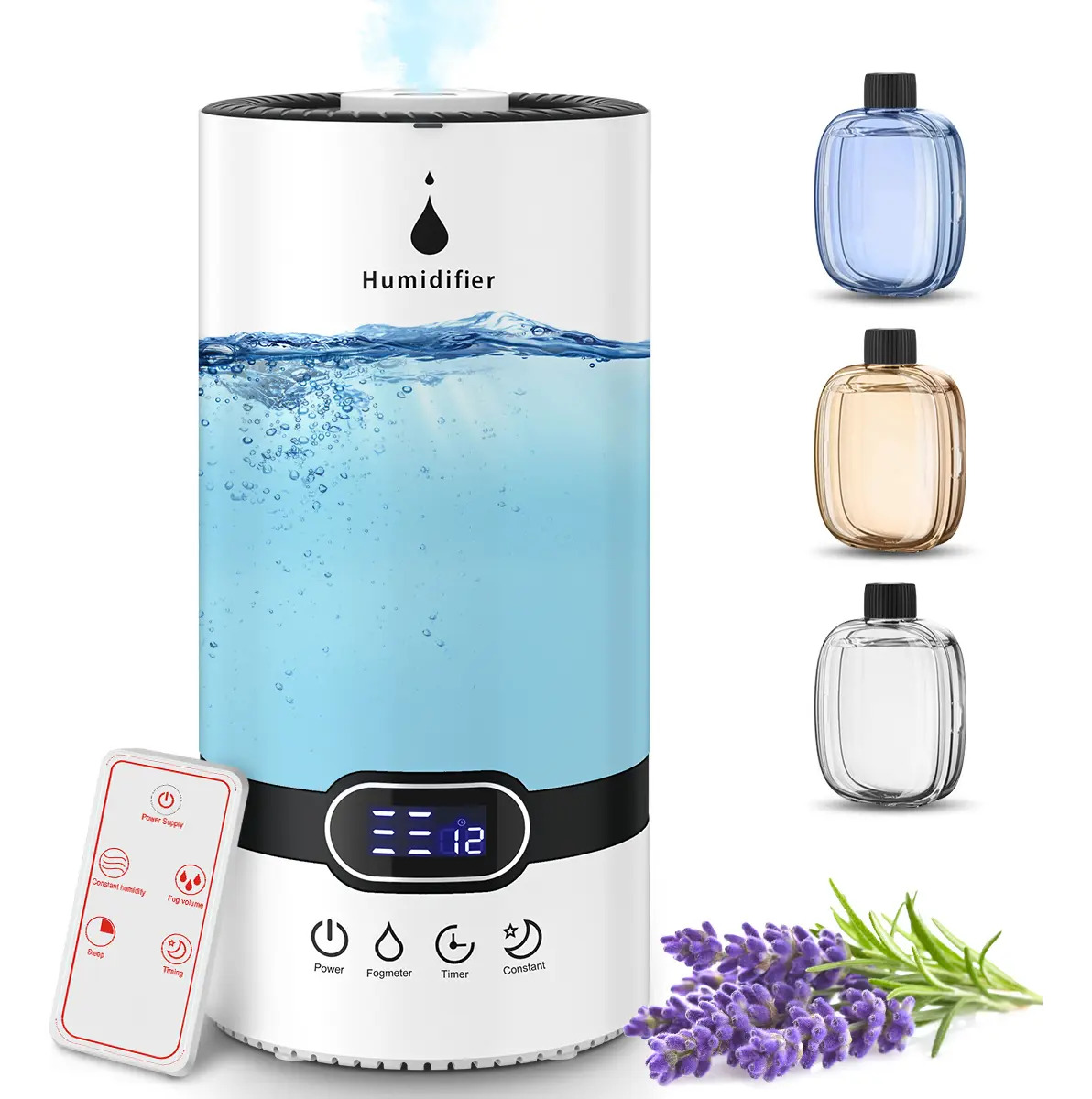 Humidificador De Aire Con 5L Tanque De Agua Y Pantalla Digital Para Dormitorio, Suzwip Electrico Humidificador Y Difusor De Aromas Con 3 Botellas De Aceite Esencial, 12 h Temporiza