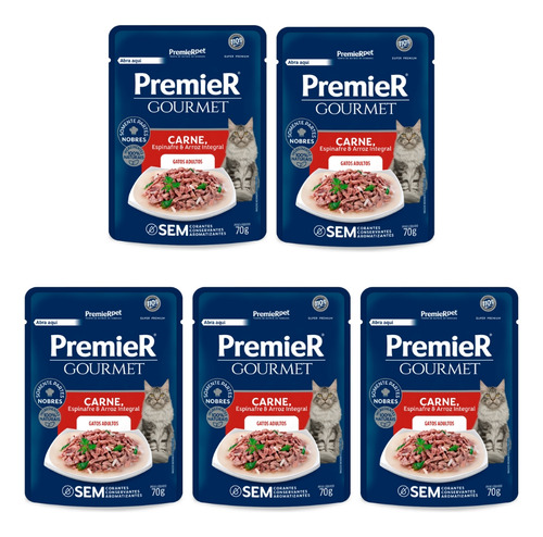 Kit 5un Sachê Premier Gourmet Gatos Adulto Sabor Carne 70g