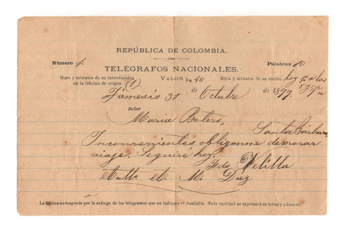 Telegrama De 1899 Támesis Antioquia Telégrafos Nacionales