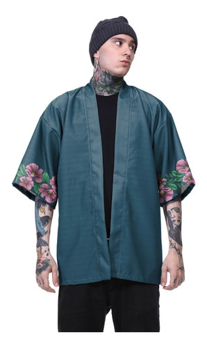 Kimono Haori Casaco Oriental Kitsune Japão Floral Tigre Flor