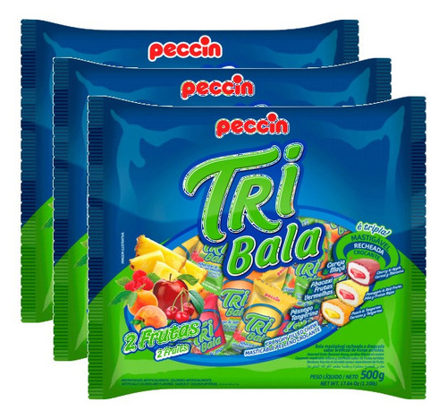 Kit 3 Bala Recheada Peccin Tribala Sabor 2 Frutas Saco 500g