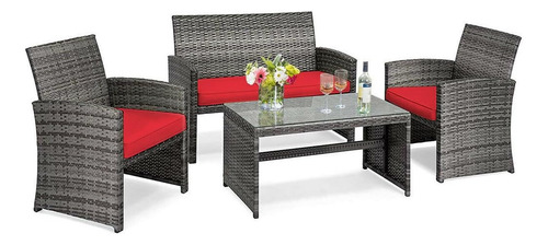 Bhukf 4pcs Patio Rattan Furniture Set Conversation Glass Ta.