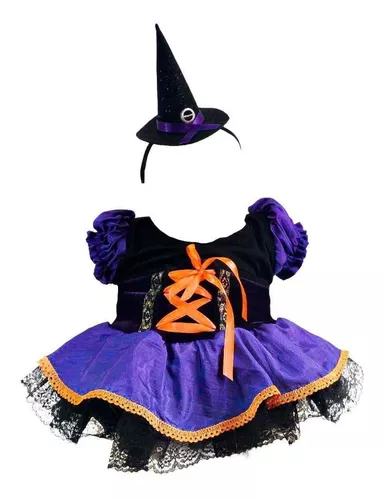 Fantasia Halloween Infantil Menina Bruxinha de Luxo Com Tiara e