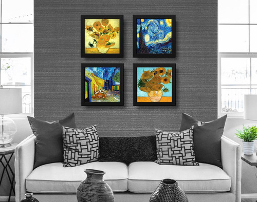 Set 4 Cuadros Van Gogh Obras Noche Estrellada Girasoles 33cm Marco Negro