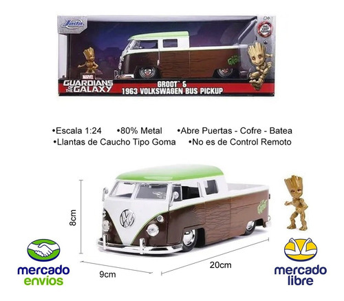  Groot  1963 Volkswagen Bus Pick Up Marvel 1:24 Jada