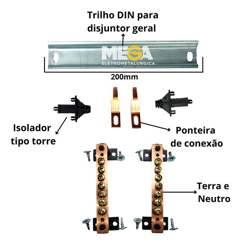 Kit Barramento Completo Bifásico 100a P/32 Circuitos Din Cor Cobre