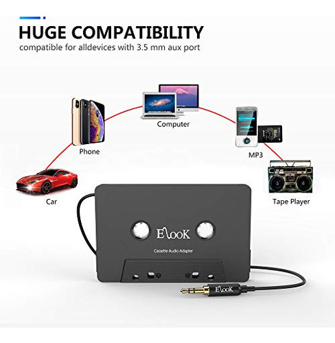 Adaptador Cassette Coche Elook Aux, 3.5mm Cable Audio