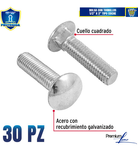 Tornillo Tipo Coche, 1/2 X 2', Bolsa Con 30 Pz Fiero 44748